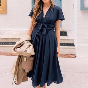 Gal Meets Glam Jane Navy Blue Tie-Waist Fit & Flare Dress Size 14